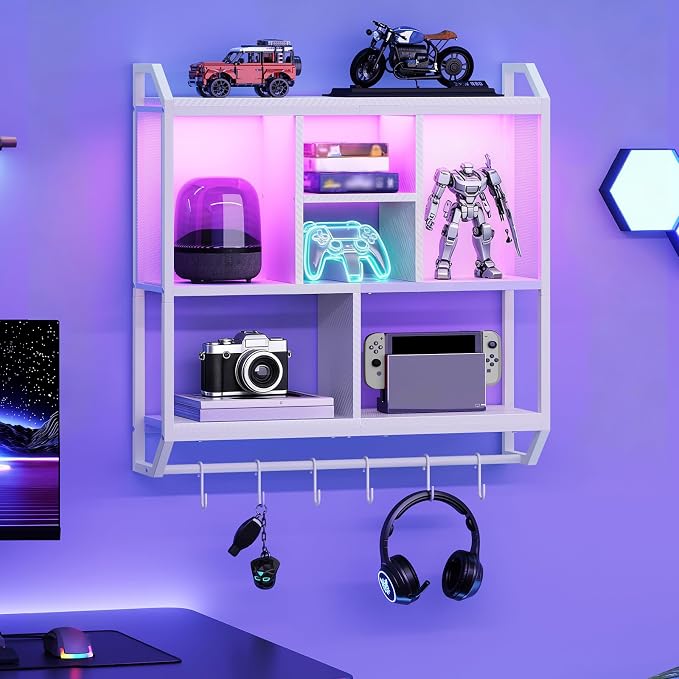 HOOBRO Gaming Floating Shelves with LED Lights, 28.7" LED Wall Mounted Shelf, 3-Tier Display Rack for Wall Storage, Floating Rack with Hanging Rod and 6 S-Hooks, for Gaming Room, White WT70DBJ01