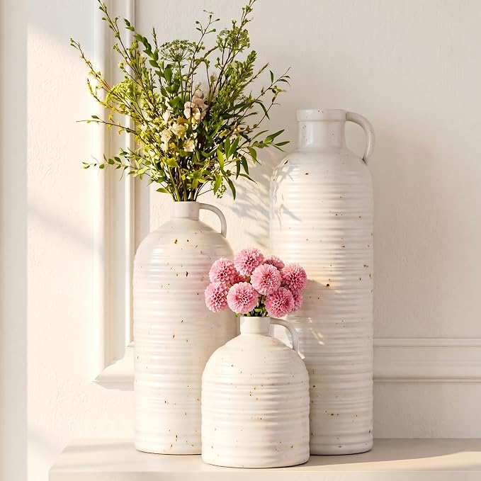 Firehold Ceramic Vase Set of 3 w/Handles, Rustic Farmhouse White Decor Vase | Textured Country Home Decor Vases for Shelf, Mantel, Table Centerpiece, Perfect for Pampas Grass & Dried Flowers