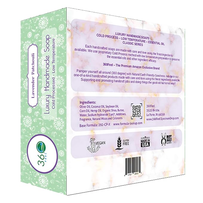 360Feel Lavender Patchouli Soap - Handcrafted Castile Soap Bar with Soothing Scent - Handmade with Essential Oils - Suitable Gift for Anniversaries, Weddings and Holiday Stockings - 4-Pack