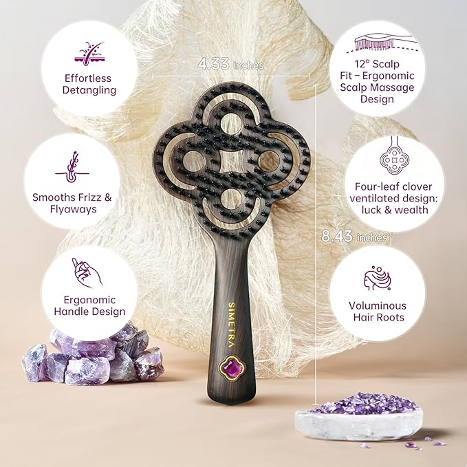 Simetra Detangler Hair Brush for Women and Men, Holiday Present - Original Detangling Brush for Curly Hair/Wet & Dry Hair, Natural Boar Bristles Hairbrush - Natural Crystal Inlay & 14K Gold Plating
