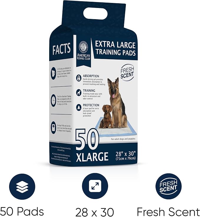 American Kennel Club Scented Puppy Training Pads with Ultra Absorbent Quick Dry Gel – 28 x 30 Pee Pads for Dogs - Fresh Scented - 50 Count, XL (Pack of 6)