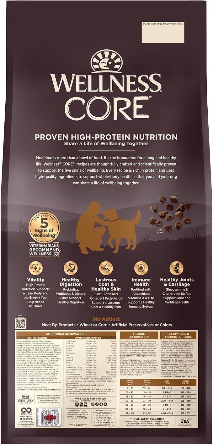 Wellness CORE Dry Dog Food, Grain-Free, High Protein, Natural, Wild Game Duck, Lamb, Wild Boar, & Rabbit Recipe, (26-Pound Bag)