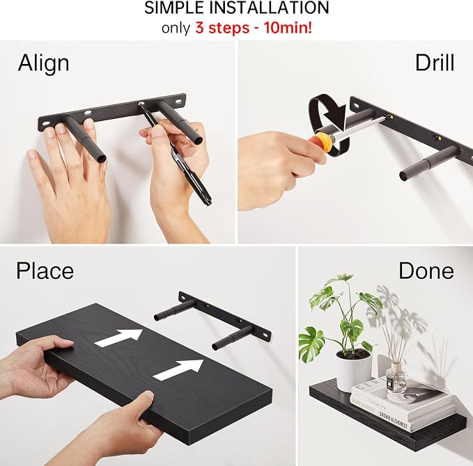 BAYKA Floating Shelves for Wall, Wall Mounted Rustic Wood Shelves for Bathroom, Bedroom, Living Room, Kitchen, Hanging Shelf for Books/Storage/Room Decor with 22lbs Capacity (Black, Set of 3, 15.7in) | Easy Install, 22lbs Max Load, Hidden Bracket, Wall...