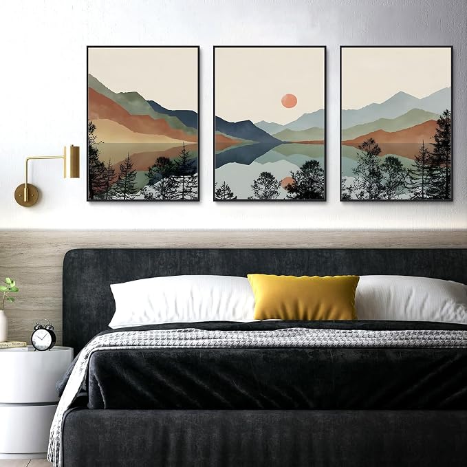 Blue Mountain Framed Canvas Wall Art Set of 3 16x24 inch | Boho Watercolor Wall Decor, Blue Mountain Sun Forest Prints, Living Room Bedroom Office Art