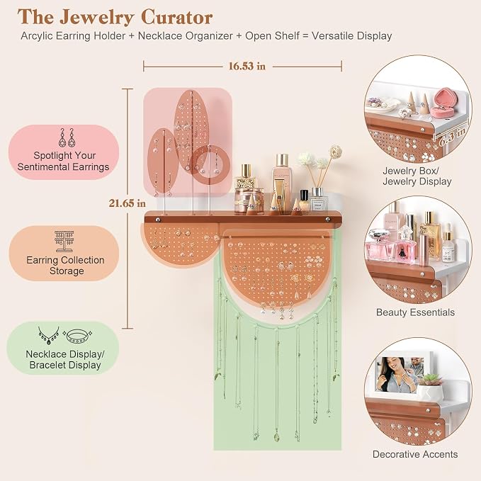 Keebofly Wall Mounted Hanging Jewelry Organizer Honey Brown | Acrylic Earring Organizer for 444+ Earrings, for Necklace & Bracelet, with Wood Shelf, Ideal Gifts for Women & Girls