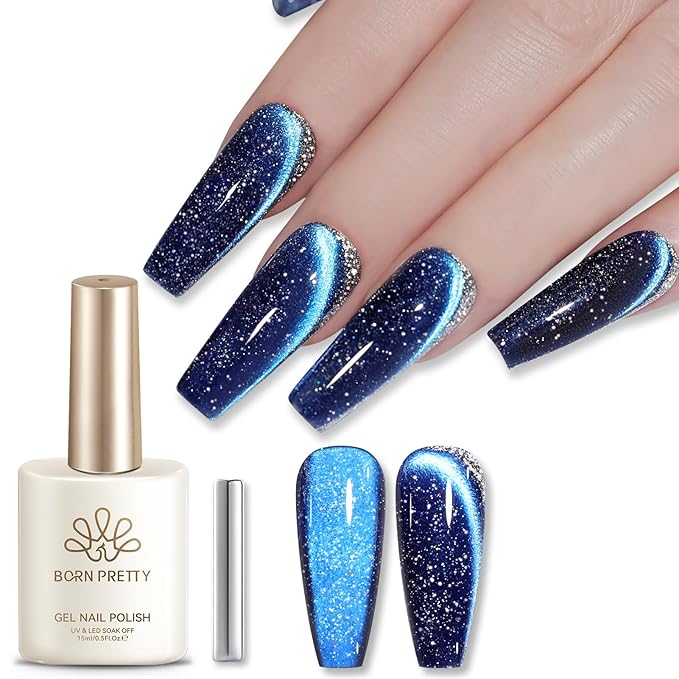 Born Pretty Reflective Glitter Cat Magnetic Eye Gel Nail Polish 15ML,Blue Glitter Holographic Magnetic Gel Polish,Sparkly Shiny Disco DJ U V Nail Polish with Magnet for Home DIY Salon