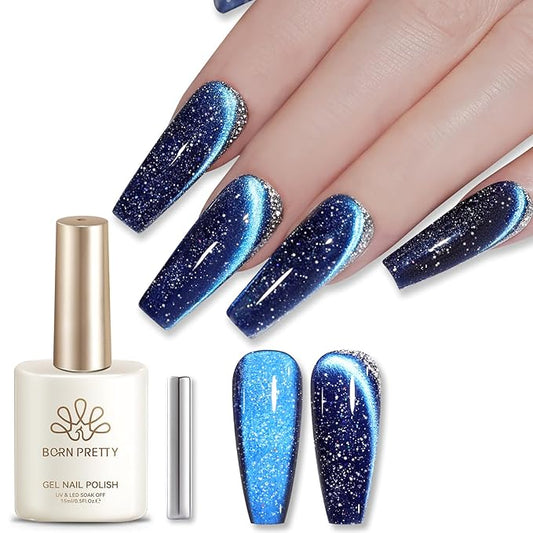 Born Pretty Reflective Glitter Cat Magnetic Eye Gel Nail Polish 15ML,Blue Glitter Holographic Magnetic Gel Polish,Sparkly Shiny Disco DJ U V Nail Polish with Magnet for Home DIY Salon