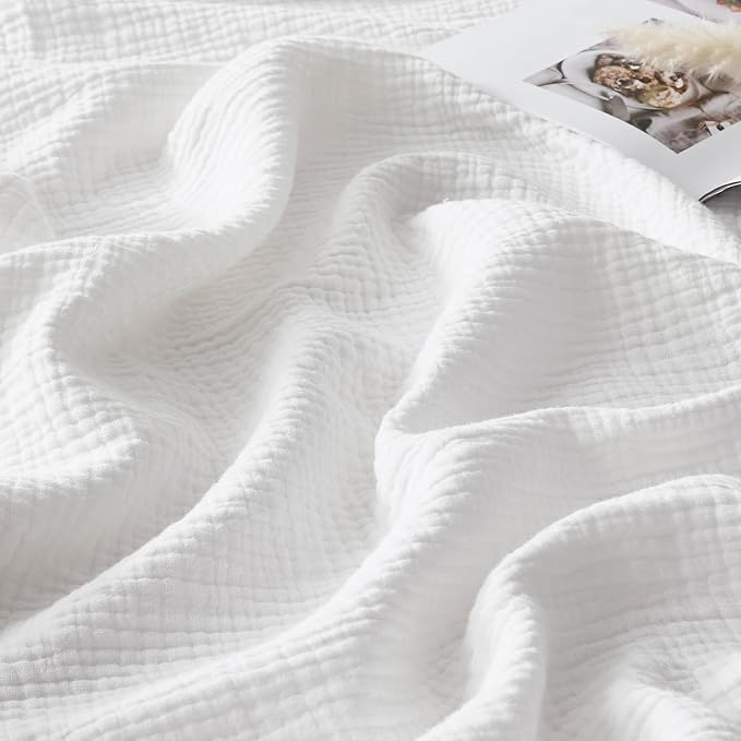 WDCOZY 100% Cotton Muslin Blanket Oversized King 4-Layer for Bed Breathable Lightweight Soft Large Boho Farmhouse Linen Tassels Ruffle Gauze Blankets All Season for Adults 102x120 Inches White