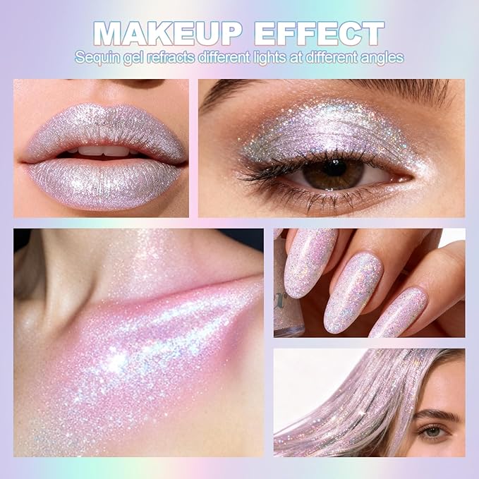 Erinde Holographic Body Glitter Gel, Roll-On Face Hair Glitter for Mermaid Makeup Festival Party Rave Accessories, Chunky Sequins Chameleon Shimmer Christmas Makeup for Women Girls, 02 Sparkling Pink