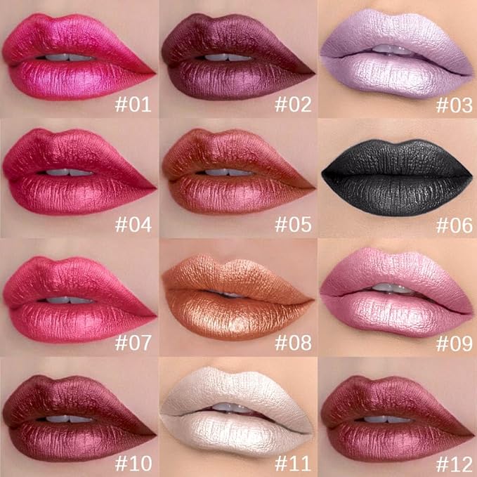 evpct 1Pcs Mauve Red Metallic Shimmer Glitter Lip Gloss Liquid Lipstick Long Lasting Waterproof 24, Glitter Pearlescent Metallic Sparkly Glossy Liquid Lipsticks Lip Stain Makeup Set for Women 05#
