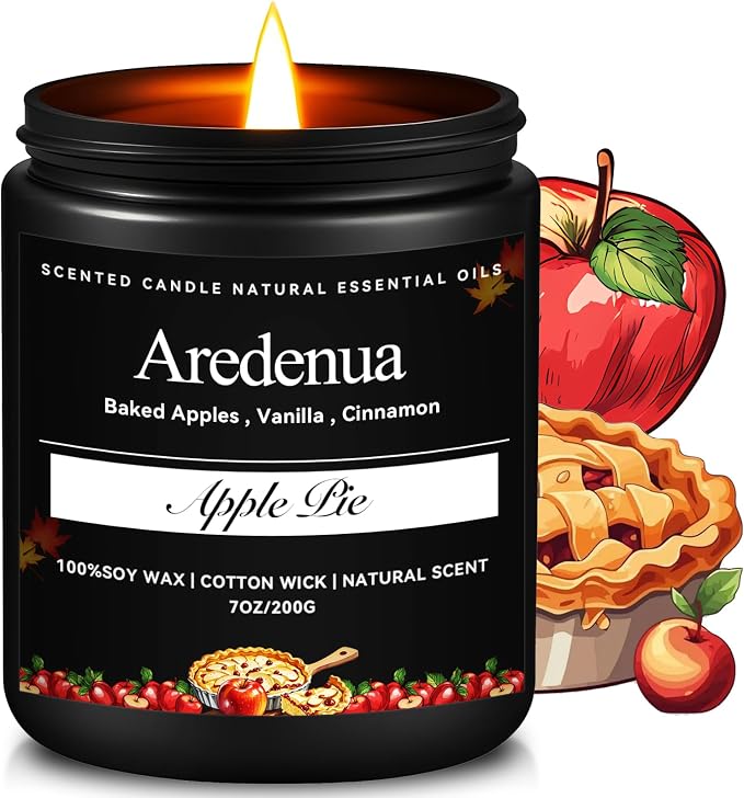 Fall Candle | Apple Pie Scented Candle - Autumn Seasonal Candles for Fall - 7oz Soy Candles for Home Scented, Thanksgiving Halloween Holiday Gift for Home - 50 Hours Long Burning -Black Jar
