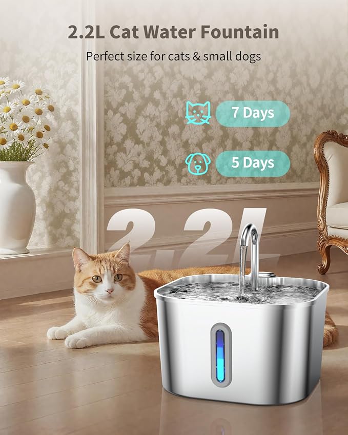Stainless Steel Cat Water Fountain - 74oz/2.2L Cat Drinking Fountain | Quiet Cat Fountain for Indoor Cats and Small Dogs, Automatic Pet Water Dispenser Keeps Fresh Water