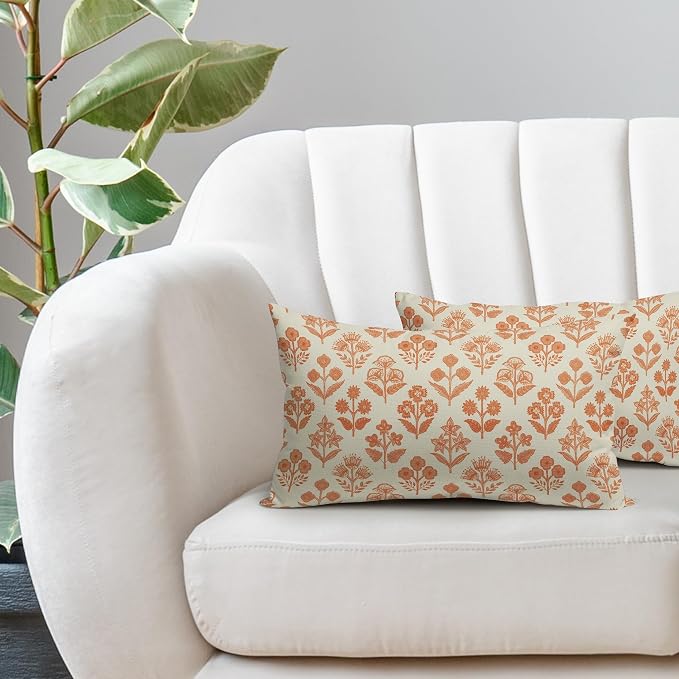 Orange Floral Pillow Covers 12x20 Inch Set of 2, Block Print Lumbar Flower Cream Decorative Throw Pillowcases Outdoor Farmhouse Rectangle Cushion Covers Spring Summer Sofa Couch Bed Decor