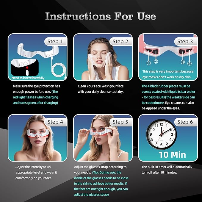 Under Eye Red Light Therapy Device, facial red light therapy for reducing dark circles and puffiness, smoothing fine lines, eye massager with glasses strap