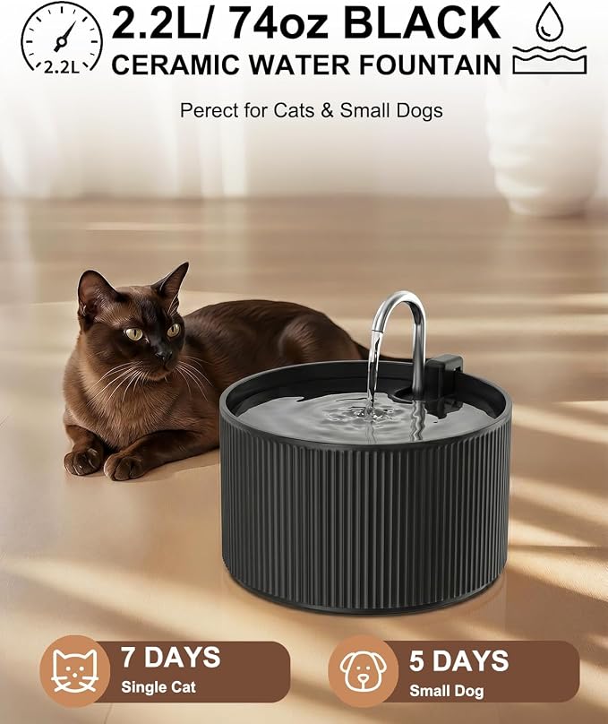 Wonder Creature Ceramic Cat Water Fountain 2.2L/74oz (Black) | Quiet Pet Fountain with BPA-Free Ceramic Material, Triple Filtration System, Easy Cleaning Design for Cats and Dogs