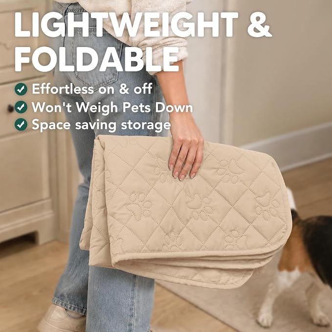 PAWFINITY Waterproof Couch Covers for Dogs, Pet Blanket for Sofa Washable | Paw Print Quilted, Hair Resistant, Anti Cat Scratch, Pee Proof Furniture Protector for 3 Seat Sofa and Bed, 30x80 Inch, Beige