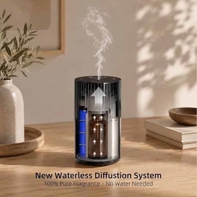 Waterless Essential Oil Diffuser, Portable Car Diffuser with Rechargeable Battery, Cordless Aromatherapy Diffuser for Home Office Bedroom, USB-C Nebulizing, 600 Sq Ft Coverage (Black)