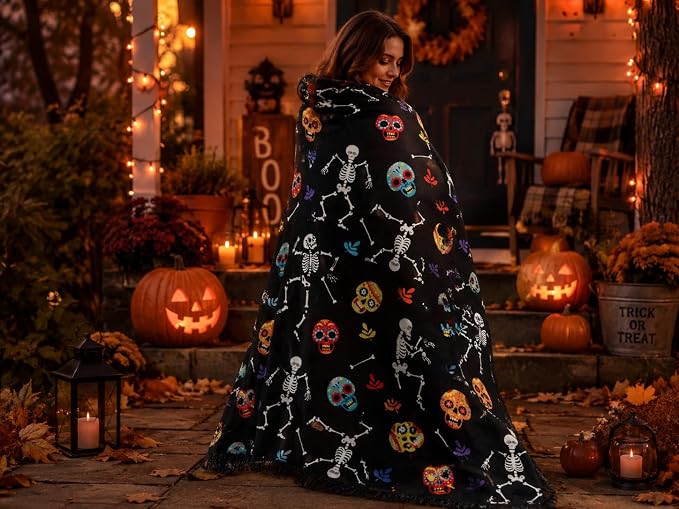 Halloween Fleece Throw Blanket, Dancing Skeletons & Sugar Skulls, 50x70 in | Ultra-soft cozy flannel fleece, for sofa couch bed chair & dorms, spooky Halloween décor, durable and machine washable.