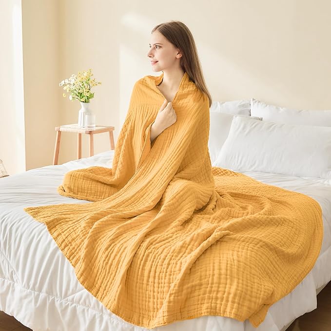 EMME Cotton Muslin Large Throw Blanket Couch Breathable Gauze Soft Lightweight Bed Blankets Adults (Heather Yellow, 50"x70")