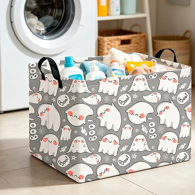 CLOCOR Rectangular Storage Basket Empty,Gift Basket,Waterproof Storage Bin with Handles,Room Decor(Cute Ghost Halloween)