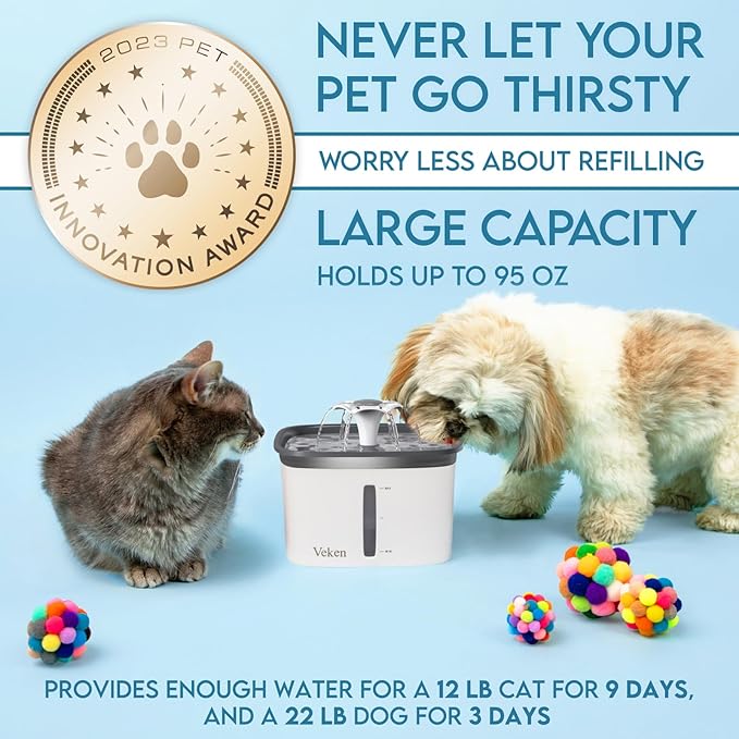 Veken Innovation Award Winner 95oz/2.8L Cat Water Fountain | Automatic Pet Fountain Dog Water Dispenser with 6 Replacement Filters & Silicone Mat for Cats, Dogs (Grey, Plastic)