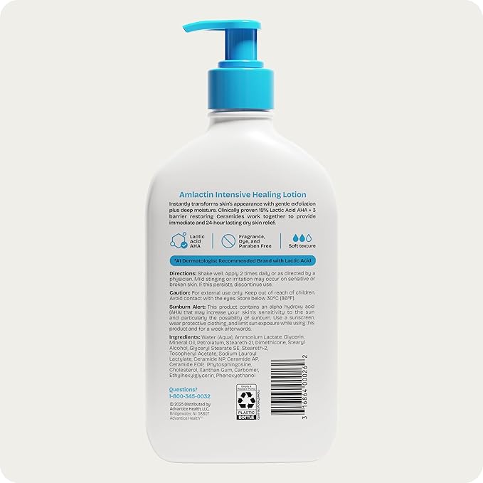 AmLactin Intensive Healing Body Lotion for Dry Skin - 14.1 oz and 7.9 oz Pump Bottles - 2-in-1 Exfoliator & Moisturizer with Ceramides & 15% Lactic Acid