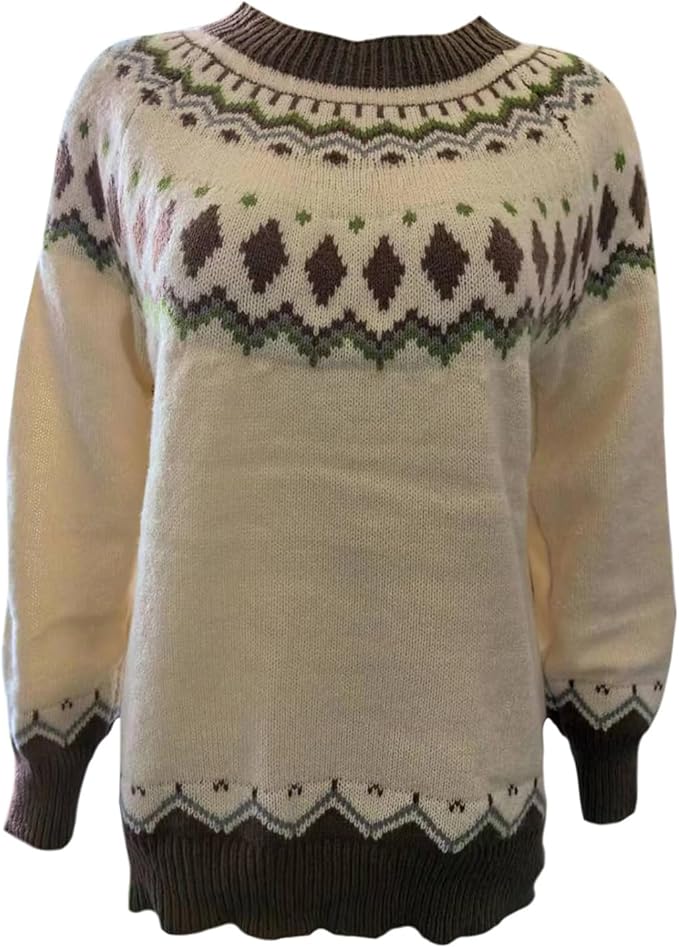 Zhyaj Fair Isle Sweater for Womens Winter Long Sleeve Vintage Knitted Sweater Casual Fall Crew Neck Pullover Sweaters