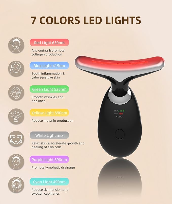 ELISHINE Red Light Therapy for Face and Neck, 7 Color Light Based Face Massager Tool, Portable Skin Care Tool for Firming, Tightening and Lifting (Glossy Black)