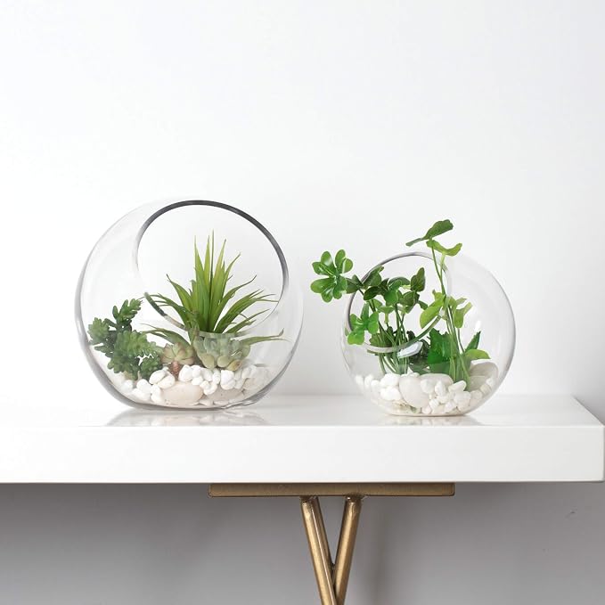 WGV Slant Cut Bowl Glass Vase Bulk, Width 9", Height 9", Clear Round Globe Planter Terrarium Orb, Candy Dish, Fruit Jar, Floral Container for Home Office Decor, 4 Pieces