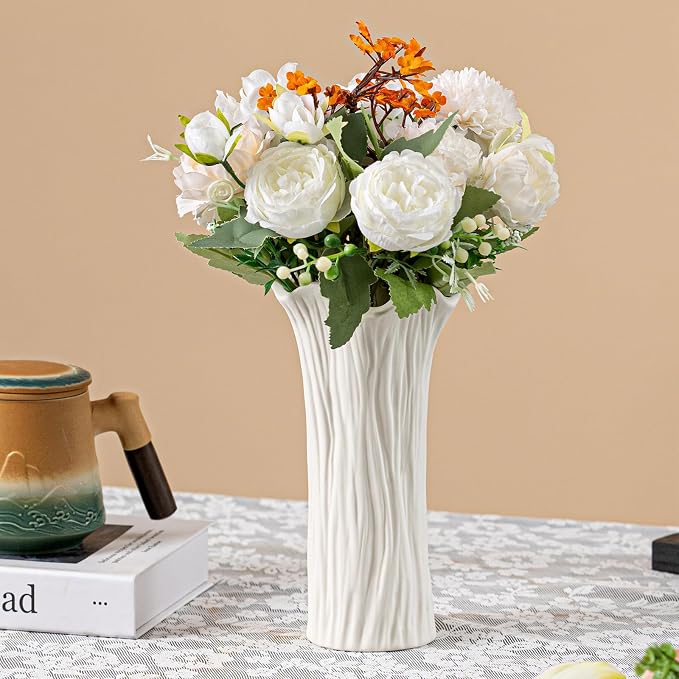White Ceramic Vase with Ruffled Rim & Vertical Fluted Texture - 8.5" Unique Flower Vase for Pampas Grass & Centerpieces, Decorative Boho/Farmhouse Vase for Living Room, Office & Gift for Her/Yourself