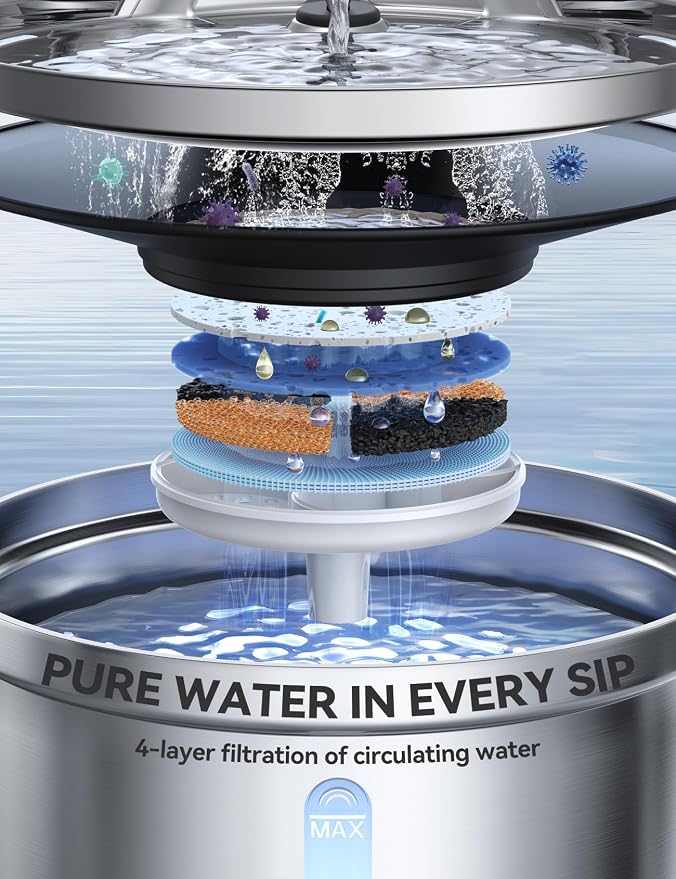 Wireless Cat Water Fountain Stainless Steel [Water & Battery Separation] FEELNEEDY Smart Pet Water Fountain, 4000mAh Battery Operated Water Fountain for Cats Dogs 3.5L/118oz + 6 Filters
