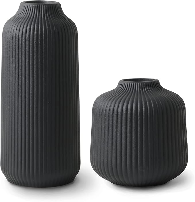 flature Ceramic Vases in Nordic Style, Modern Vase Deco for Pampas Grass, Boho Deco for Windowsill, Vases Set in Black Matt, Flower Vase as Home Decoration for Fresh Flowers, Dried Flowers, Set of 2