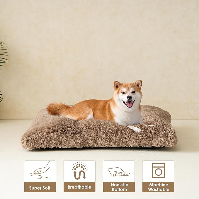 EHEYCIGA Fluffy Dog Crate Bed for Large Dogs, Plush Faux Fur Pad, Camel | Calming Anti Anxiety Large Dog Crate Bed, Washable Soft Warm Mat with Non-Slip Bottom