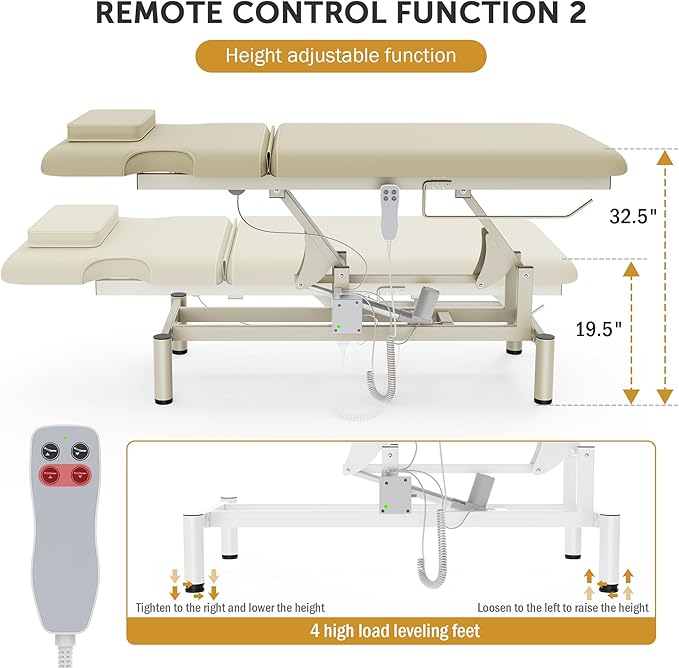 Dolonm 2 Motors Electric Massage Table, Hydraulic Electric Lift Adjustable Backrest and Height Lifting for Treatment, Physical Therapy, Spinal Massage, Facial Spa, Waxing, Tattooing - Beige Gray