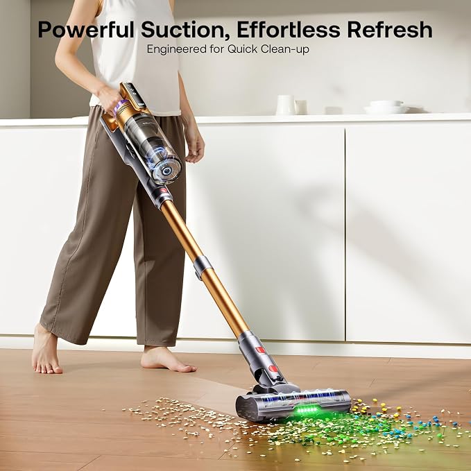 Trucozie Cordless Vacuum Cleaner, Self-Standing Lightweight Stick Vacuum with 50 mins Runtime, Powerful Suction, Anti-Tangle Wireless Vacuum for Home, Hardwood Floor, Carpet, Pet Hair, Gold