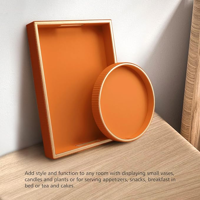 Leather Tray Desktop Storage Organizer, Decorative Tray Set, Orange | Premium Serving Trays Valet Tray for Sundries Cosmetics Phone Wallet Cutlery, Set of 2, Orange Holder with Disc