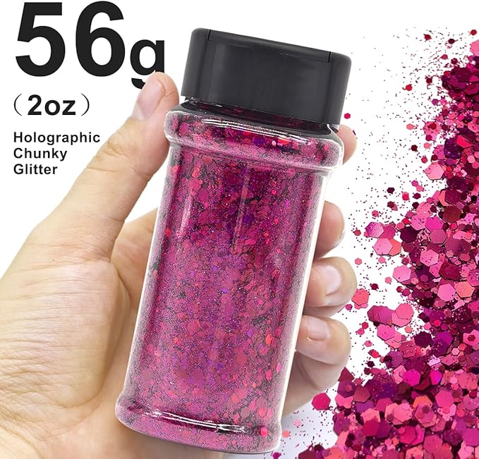 Fuchsia - Craft Glitter - 2oz Glitter Shaker Bright Colorful Holographic Mix Chunky Body Glitter Bulk Wholesale 24 Colors in Shaker Cosmetic Glitter - EBLB900