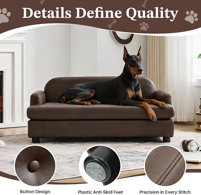 Luxury Dog Sofa Bed Elevated Pet Couch with Durable Waterproof Leather | Dog Couch with Orthopedic Sponge, Modern Furniture Style Dog Lounge & Pet Bedside Step, for Medium/Large Dogs, Brown