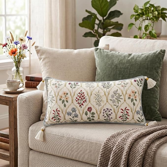 Designer Vintage Linen Throw Pillow Cover,28"x12"-Serenity B | French Elegant Rectangle Decor Pillow Cover,Concealed Zipper Design,Colorful Floral Pattern,Sofa,Bedroom,Living Room,Chair