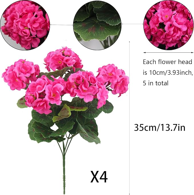 CISDUEO 4 Pcs Artificial Geraniums Silk Flowers Outdoor Artificial Geranium Bush Rose Red Faux Flowers Geraniums for Floral Home Decor Outdoor Indoor Garden Patio Grave Cemetary Vase Table Centerpiece