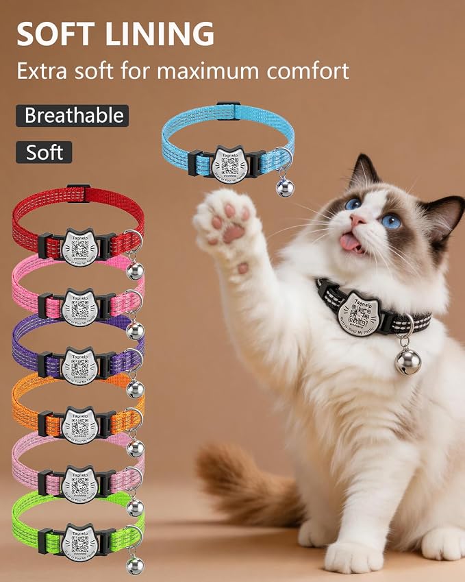 Breakaway Cat Collar with QR Code Tag and Bell (Red & Green) | Reflective Nylon, Quick-Release Buckle