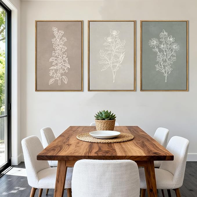 ANHUIB Neutral Botanical Wall Art, Rustic Farmhouse Floral Paintings,Vintage Minimalist Boho Flower Wall Decor 24x36 Inch Plants Set of 3 for Living Room Bedroom