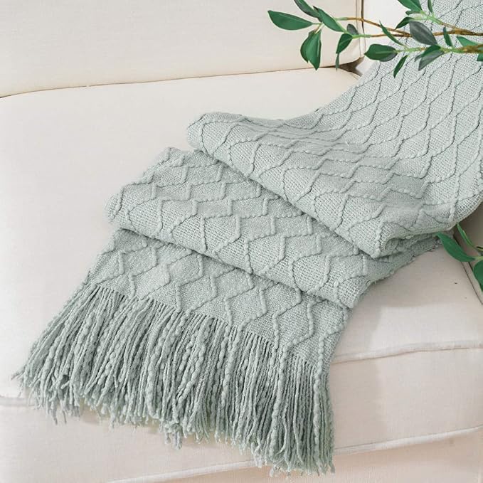 BATTILO HOME Sage Green Throw Blanket for Couch, Light Blue Knit Throw Blanket, Decorative Textured Sage Throw for Home Decor, 50"x60"