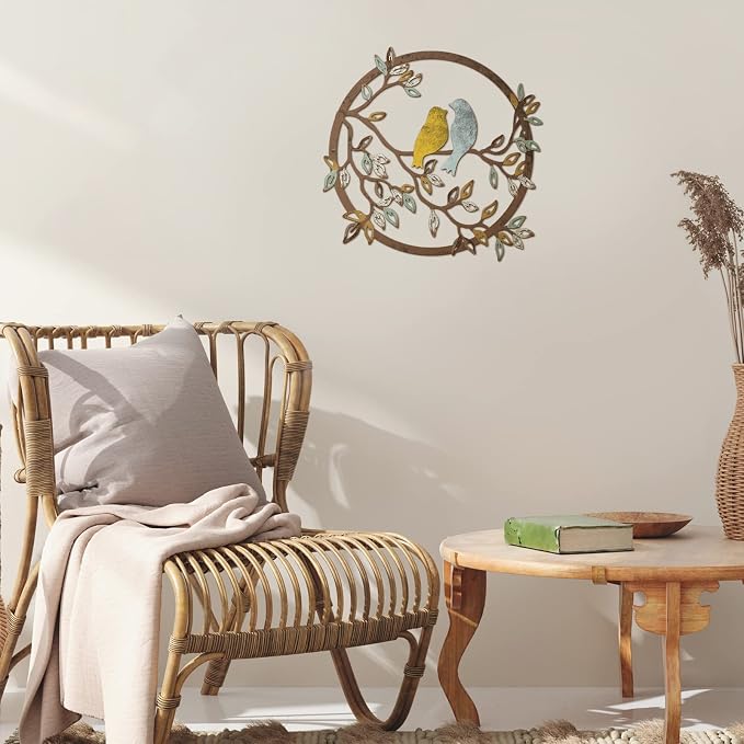 Ferraycle Metal Wall Art Bird on Tree Branch Silhouette Bird Hanging Ornament Porch Wall Decor for Living Room Outdoor Garden Bedroom Office Housewarming Party Decoration(Trendy Color)