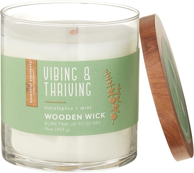 Essential Elements by Candle-Lite Company Wood Wick Scented Candle, Vibing & Thriving, One 16 oz. Single-Wick Aromatherapy Candle with 50 Hours of Burn Time, White