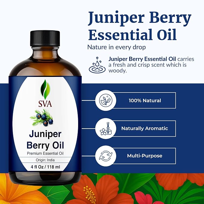 SVA Juniper Berry Essential Oil 4 Fl Oz – for Diffuser, Skin & Hair Care – Ideal for Massage & DIY Blends - with Dropper