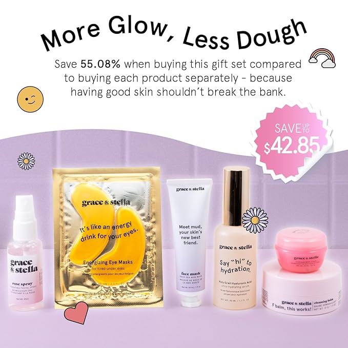grace & stella Award Winning Skin Care Set - Birthday Gifts for Her, Travel Size Toiletries with Eye Masks, Hyaluronic Acid Serum, Lip Balm & More, Gift Baskets for Women, Vegan Cruelty-Free Self Care