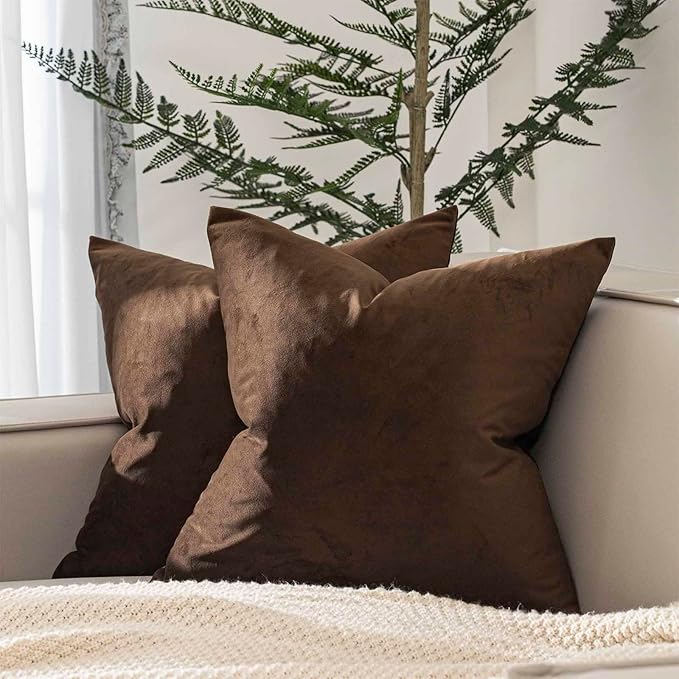 JUSPURBET 28x28 Decorative Velvet Throw Pillow Covers Cases Set of 2,Brown | Cozy Soft Euro Cushion Covers with Hidden Zipper for Couch Sofa Bed Living Room Bedroom Home Decor