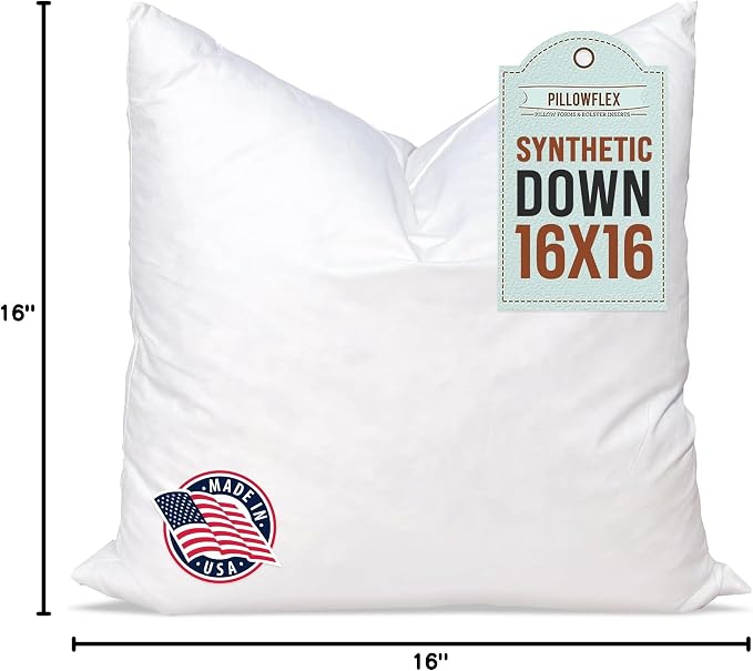Pillowflex Synthetic Down Pillow Insert 16x16 in - Karate Chop Pillow | Small Square Sham Form, Plush Polyester Cotton Blend, Cloud-Like Comfort, Clump-Resistant Fill, Smooth Elegant Finish