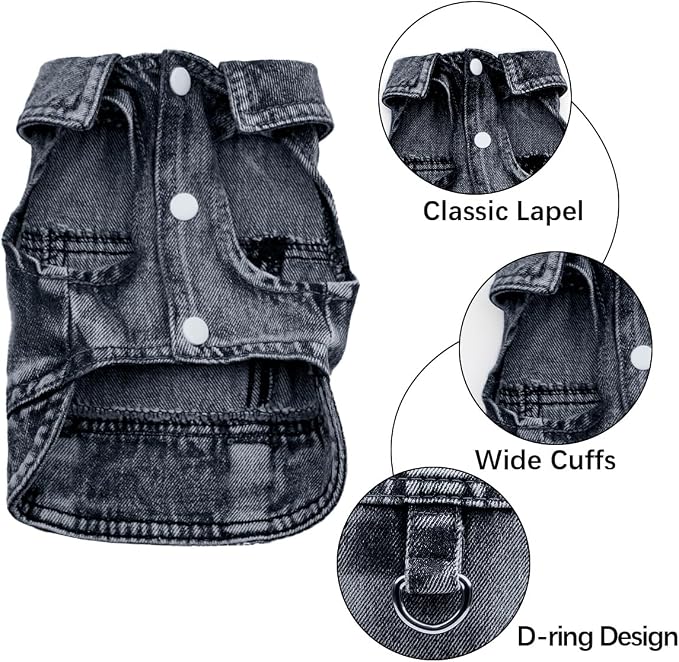 Dog Jean Jacket,Black Denim Vest for Small Pet,Cute Clothes with D-Ring | Soft Washed Cotton Denim Costume,Cool Apparel Dress Shirt for Puppy,Classic Coat Outfit for Small Dogs Cats Boy Girl